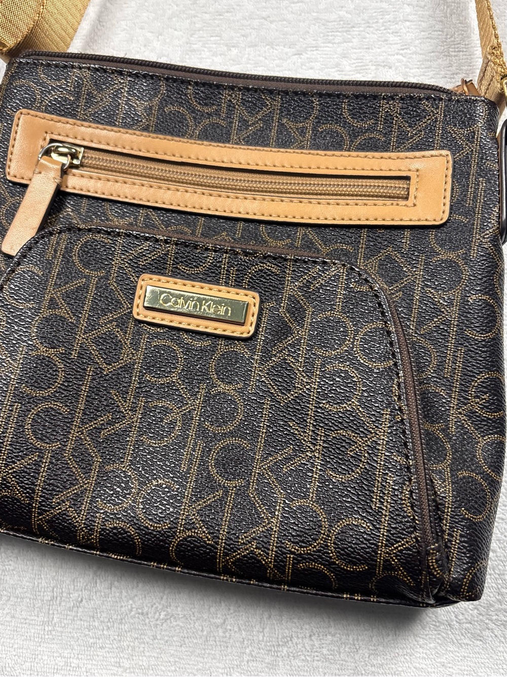 Calvin Klein Brown Monogram Crossbody Bag with Tan Trim